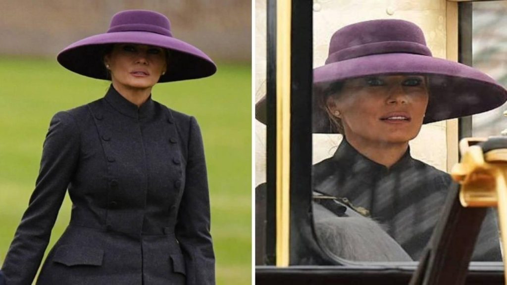 Melania Trump’ın İngiltere Ziyareti Kombini: Gri Takım ve Mor Şapkanın Moda Analizi