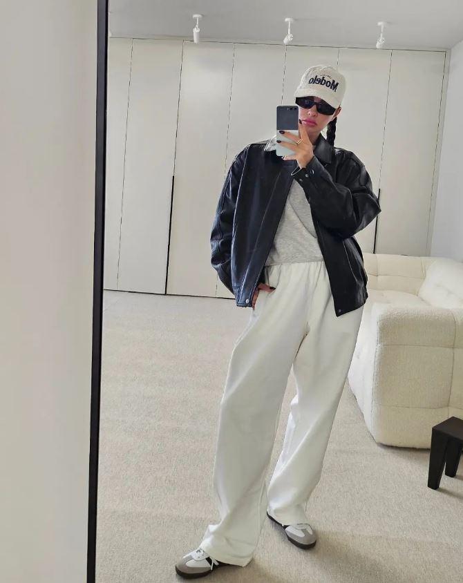 Yasemin Özilhan'dan Spor Şıklık İkonu Kombin: Deri Ceket ve Eşofman Trendleri