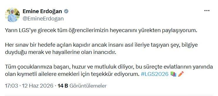 Emine Erdoğan'dan LGS Sınavına Girecek Öğrencilere Mesaj: Bilgiye Duyulan Merak En Büyük Hedef
