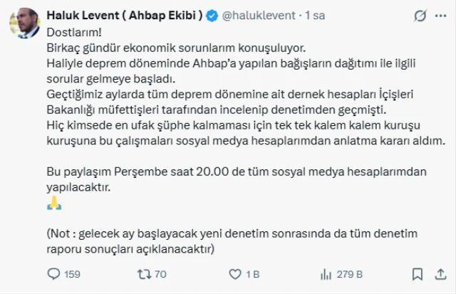 Haluk Levent, Altaylı'nın Şeffaflık Eleştirilerine Yanıt Verdi: Deprem Bağışları Denetimden Geçti, Perşembe 20.00'de Açıklama
