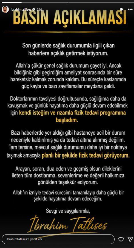 İbrahim Tatlıses'ten Sağlık Durumu Açıklaması: Hastaneye Kaldırılmadım, Kendi İsteğimle Tedavi Oluyorum