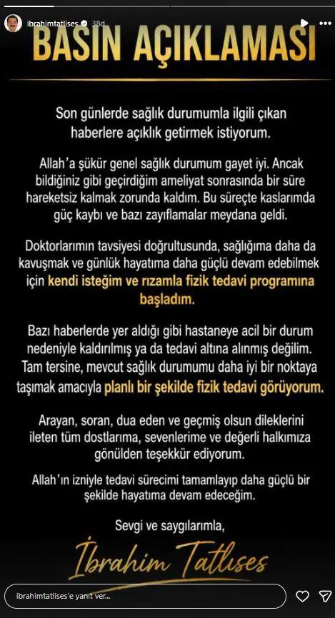 İbrahim Tatlıses'ten Sağlık Güncellemesi: Fizik Tedaviye Başladığını Duyurdu