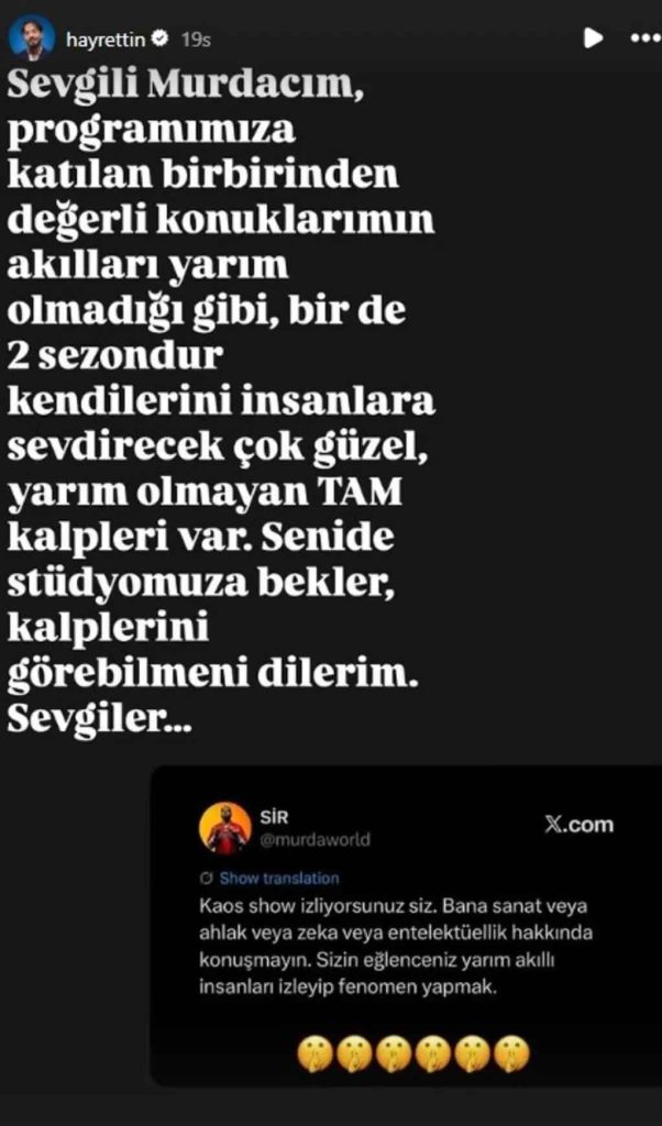 Murda'dan Hayrettin'in Kaos Show'una Sert Tepki: Komedyenden Sakin Yanıt