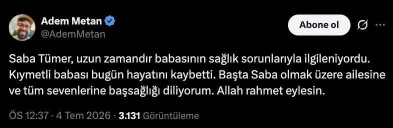Ünlü Sunucu Saba Tümer'in Acı Günü: Babası Yalçın Tümer Hayatını Kaybetti